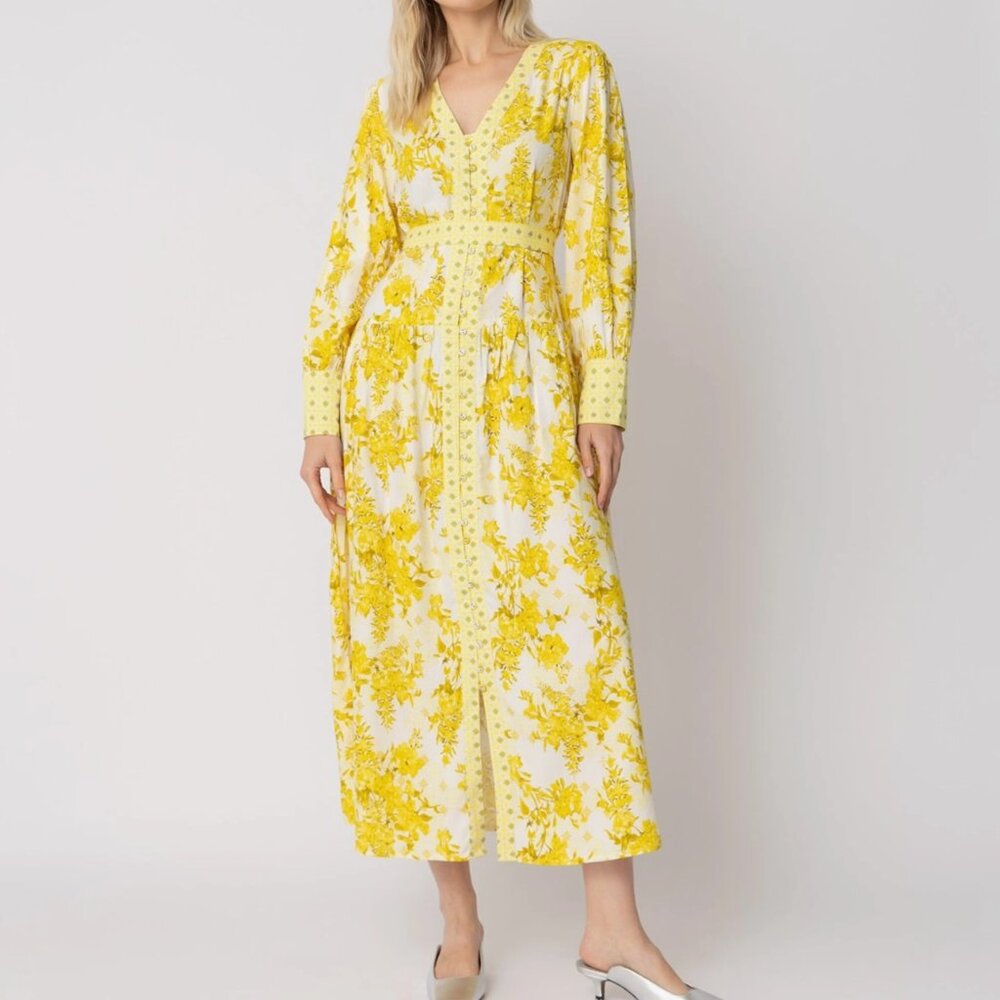 Raishma Yellow Floral Long Sleeve V-Neck Maxi Dress, NWT